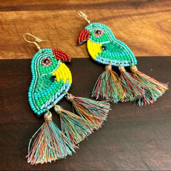 Multi Bead Sequin Parrot Tassel Dangle Earrings Turquoise Multi - Picture 3 of 6